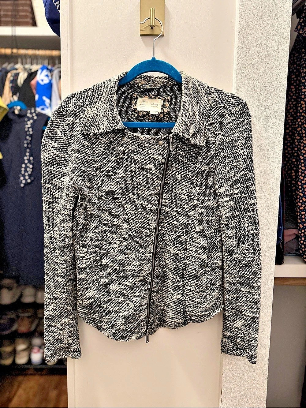 Anthropologie Saturday Sunday Marled Moto Sweater Black Ivory Size S